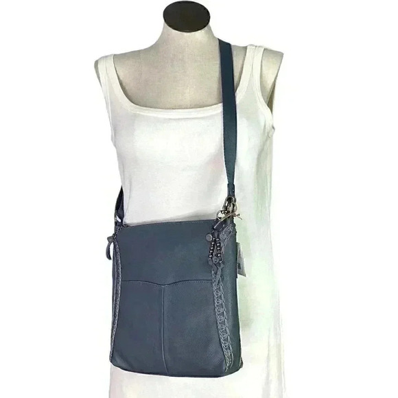 The Sak Lucia Leather Zip Top Crossbody Bag Dusty Blue Crochet Adjustable NEW - Picture 1 of 12